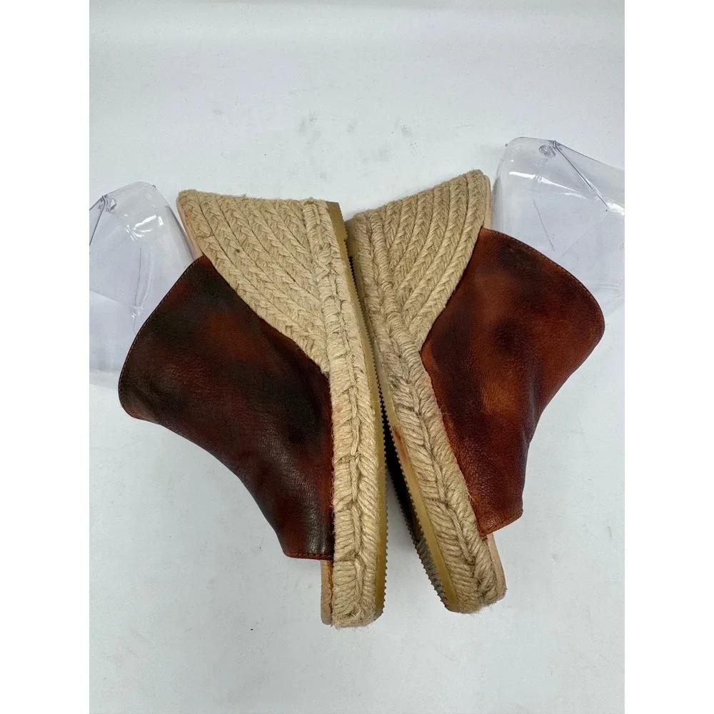 Gaimo Spain Brown Leather Espadrille Wedge Sandals Peep Toe Mules Women 38